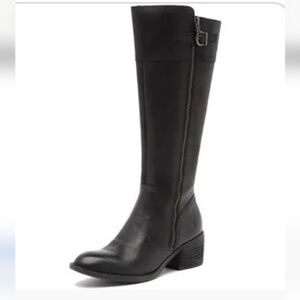 Born "Fanner" Black Leather Low Heeled Knee High Boots With Soft Felt Lining